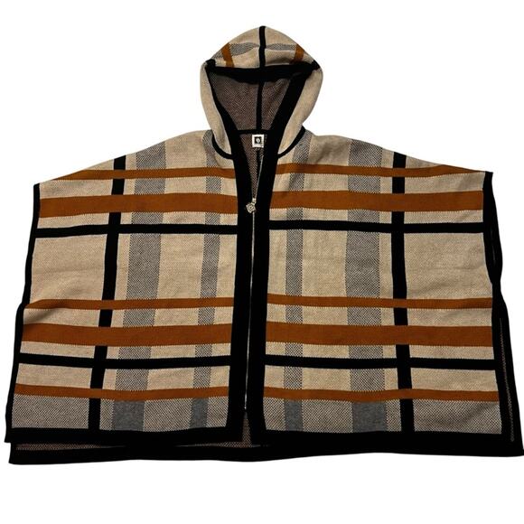 Anne Klein Poncho Cape | 2X | Multicolor Plaid Full Zipper Hooded Sweater Poncho - Picture 1 of 8